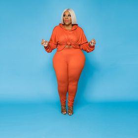 Autumn And Winter Plus Size Women's Clothes Sweater Solid Color Hoodie Two-piece Set Suit (Option: Orange-1XL)