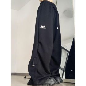 American Retro Wide Leg Drawstring Ruffle Design Sense High Street Casual Mopping Trousers (Option: Black-L)